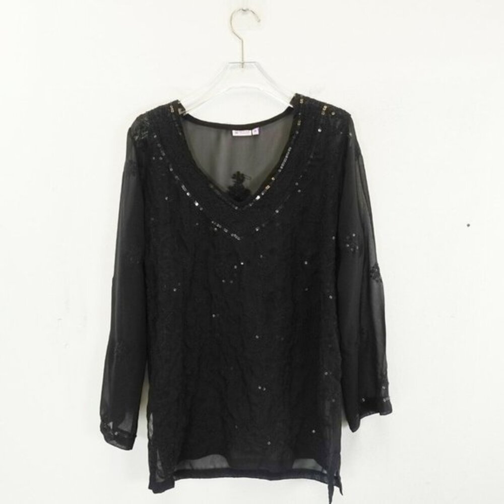 SEVYA Top Women Black Blouse MEDIUM Floral‎ Embroidered Sequin Sheer Long Sleeve